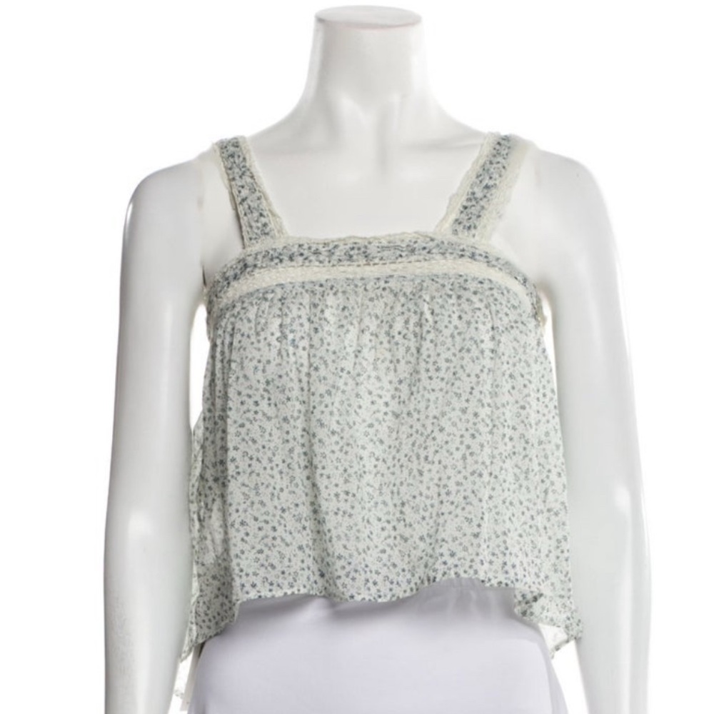 White and Blue Crop Sleeveless Tank Top with Ruffled Details